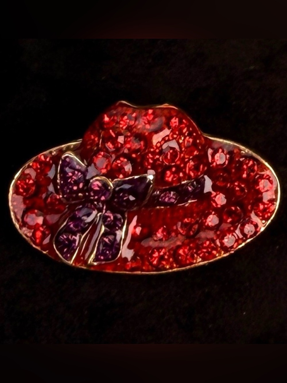 Beautiful weighted, red and purple rhinestone, red hat, brooch pin